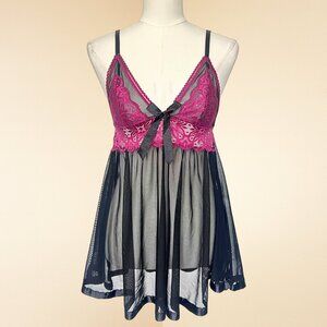 Pink & Black Lace Sheer Mini Slip Dress
